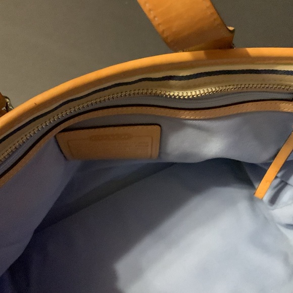 Authentic COACH Tote Bag Striped/Leather Trim. Blue/Green/ White. - Picture 7 of 9